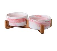SP SEMPRE+ Double Ceramic Bowls for Medium Dogs & Cats, 15.5 cm Each, Pink Marble, 2x850ml, Non-Slip Base & Raised Design