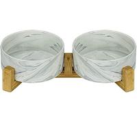 SP SEMPRE+ White Marble Ceramic Raised Bowls with Bamboo Holders for Dogs (DOUBLE 15.5 cm)