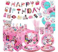 Spa Birthday Party Decoration, Makeup Party Supplies, Plates Cups Napkins Tablecloth Happy Birthday Banner Balloons Cake Toppers for Girls Women Slumber Pamper Spa Birthday Party Favors