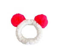 Spa Face Headband for Make-Up and Washing, Creative Hair Bands with Plush Pompom, Elastic Head Wrap for Girls and Women, Cute Headband for Yoga, Sports, Cosmetics, Shower, Rose Red