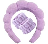 Spa Face Wash Headband And Wristband Set Makeup Towel Bubble Soft Hairband Cloud Sponge for Women Pack of 3 (Purple)