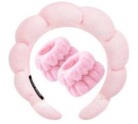 Spa Face Wash Headband And Wristband Set Makeup Towel Bubble Soft Hairband Cloud Sponge for Women Pack of 3 (Pink)