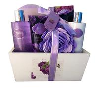 Spa Gift Basket Spa Basket with Lavender Fragrance Lilac color by Lovestee - Bath and Body Gift Set Includes Shower Gel Body Lotion Hand Lotion Bath Salt Flower Bath-Body Sponge and EVA Sponge