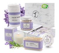 Spa Gift Set 100% Natural Lavender, Gift Box Includes: Bath Bomb, Bath Salt, Hand Soap, Scented Candle, Face Cloth and Gift Box. Best Gift for Her.