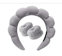 Spa headband and wristband set for face washing spa skincare hairband shower care and hair accessories fashion women kids sponge & terry towel cloth fabric skincare, make up removal, face mask grey.