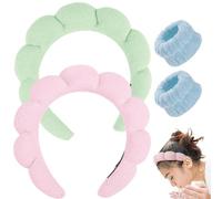 Spa Headband for Washing Face, Makeup Headband, Bubble Skincare Headbands with Face Wash Wristbands, Terry Cloth Headband Soft Puffy Headbands for Women Gifts (Light pink+Light green)