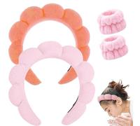 Spa Headband for Washing Face, Makeup Headband, Bubble Skincare Headbands with Face Wash Wristbands, Terry Cloth Headband Soft Puffy Headbands for Women Gifts (Light pink+Orange)