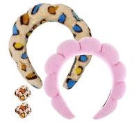 Spa Headband for Washing Face, Makeup Headband, Bubble Skincare Headbands with Face Wash Wristbands, Terry Cloth Headband Soft Puffy for Women Gifts (Pink+Rainbow Leopard)