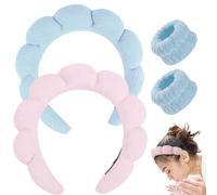 Spa Headband for Washing Face, Makeup Headband, Bubble Skincare Headbands with Face Wash Wristbands, Terry Cloth Headband Soft Puffy Headbands for Women Gifts (Light pink+Blue)