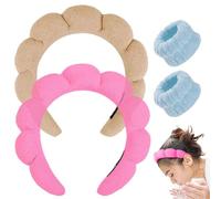 Spa Headband for Washing Face, Makeup Headband, Bubble Skincare Headbands with Face Wash Wristbands, Terry Cloth Headband Soft Puffy Headbands for Women Gifts (Rose pink+Light brown)