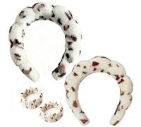 Spa Headband for Washing Face, Makeup Headband, with Face Wash Wristbands, Terry Cloth Headband Soft Puffy Headbands for Women Gifts (White brown leopard+Beige leopard)