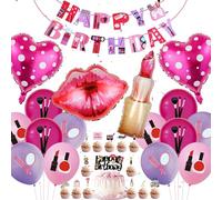 Spa Makeup Birthday Party Decorations - 44 Pieces Makeup Birthday Party Supplies Happy Birthday Banner Lipstick Foil Balloons Latex Balloon Cake Topper for Kids Girls Makeup Theme Party
