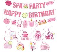 Spa Party Decorations Birthday Banner - 11 Pcs Glitter Pre-Strung Birthday Banner Pink Hanging Swirls Sleepover Theme Decor For Girls Slumber Pajama Party Supplies