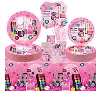 Spa Party Supplies - Serves 40, Makeup Theme Party Tableware - Dinner Plates Desserts Plates Cups Napkins Spa Makeup Tablecover Straws for Girls Women Slumber Pamper Spa Birthday Party Decoration (40)