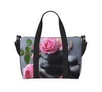 Spa Stone And Rose Flowers Print oblique across Hand Travel Bag Polyester Women Men Overnight Duffel Carry-on Tote Bag, Black, One Size, Black, One Size