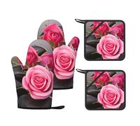 Spa Stone And Rose Flowers Print Oven Gloves Heat Resistant,Oven Mitts And Pot Holder Kitchen Non-Slip Silicone Cooking Microwave Gloves For Cooking Baking Grilling