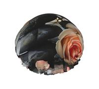Spa Stone And Rose Flowers Print Shower Essentials Bonnet For Women, Large Washable Elastic Band Bath Hair Wrap Shower Cap