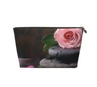 Spa Stone and Rose Flowers Printed Travel Cosmetic Bags with Gold Zipper Makeup Organizer Cosmetic Case Toiletry Bag for Women Mom Girls