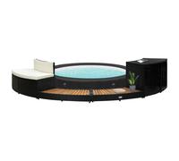 Spa Surround Black Poly Rattan & Solid Acacia Wood 289x124x56 cm incl Sofa