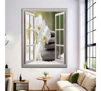 Spa Wall Art Canvas Painting, White Green Background Wall Decor, Window Orchid Rocks Canvas Pictures Art for Living Room Bedroom Office Home Decoration 40x50cm No frame