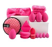 Spa Washing Face Headband And Wristband Set Makeup Sponge Triangle Powder Puff Paw Beauty Blender Mini Sponges For Foundation Reusable Makeup Remover Pads 20PCS(Rose Red)