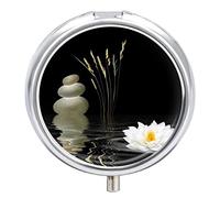 Spa Zen Stones White Lotus Lily Wild Grasses Over Water Black Iron Pill Box Case Organizer with Internal Separate Plastic Dividers, Travel Small Medicine Bag Holder Carrier Round Container