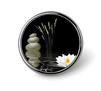 Spa Zen Stones White Lotus Lily Wild Grasses Over Water Black Round Brooch Pin, Unisex Smooth Surface Lapel Tie Pin, Lightweight Badge Jewelry Crafts Decor for Costume Accessory Men Women