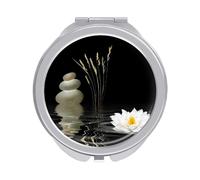 Spa Zen Stones White Lotus Lily Wild Over Water Black Folding Make Up Mirror, Compact 2X/1X Magnification Mirror, Women Portable Travel Makeup Mirror 2.4 x 2.4 inch