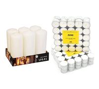 Spaas 6 Unscented Pillar Candle 80/200 mm, 100 Hours- White & 8 Hour Tea Lights Candles (50 Pack) - White Long Lasting Tea Lights - Unscented - 3.8 x 2.3 CM, 8hr