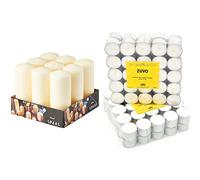 Spaas Tray of 9 Unscented Pillar Candles 60/150 mm, 45 Hours, Ivory & 8 Hour Tea Lights Candles (50 Pack) - White Long Lasting Tea Lights - Unscented - 3.8 x 2.3 CM, 8hr