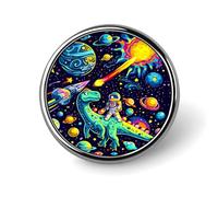 Space Adventure Dinosaur Pin Round Badge, Fun Metal Button Pin for Bags, Jackets, Backpacks, Durable Decorative Lapel Pin for Daily Use