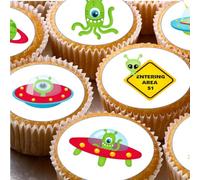 Space Alien UFO Pre-cut Edible Wafer Cupcake Toppers, Round Cake Decoration x 24