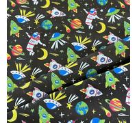 Space and Astronaut Print Polycotton Fabric 112cm/44'' Wide, Rockets and Planets Design - Select Colour (Black)
