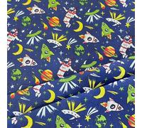 Space and Astronaut Print Polycotton Fabric 112cm/44'' Wide, Rockets and Planets Design - Select Colour (Blue)