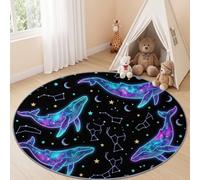 Space Animals Round Rug 100 cm Cosmic Galaxy Whale Washable Area Rug Soft, Non-Slip, Large Circular Rugs for Living Rooms, Featuring a Non-Slip Backing Carpet for Boys Bedroom, Black