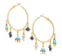 Space Astronaut Earrings,Space Travel Themed Astronaut Rocket Planet Crescent Moon Star Celestial Charms Hoop Earrings Galaxy Astronomy Jewelry Accessory for Space Lovers, L, Metal, No Gemstone