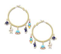 Space Astronaut Earrings,Space Travel Themed Astronaut Rocket Planet Crescent Moon Star Celestial Charms Hoop Earrings Galaxy Astronomy Jewelry Accessory for Space Lovers, L, Metal, No Gemstone