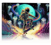 Space Astronaut Skateboarding Wall Art, Colorful Galaxy Rainbow Jellyfish Canvas Print, Surreal Cosmic Fantasy Room Decor