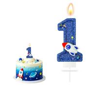 Space Astronaut Two-Sided Number 1 Birthday Candle, Trendy Cake Decoration | Blue Spaceship Pattern Glitter Double Sided Num Cake Candle, For Little Boys 1st Birthday Party & Astronaut Theme Gathering
