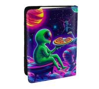 Space Astronauts and Alien Pizza Printed Passport Holder,Travel Pu Leather Passport Cover Case Organiser for Men Women,6.5 Inch