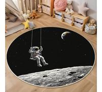 Space Astronauts Swinging On Swing Round Rugs for Living Room 180cm, Sci-Fi Art Style Washable Circle Area Rugs for Bedroom, Non Slip Soft Low Pile Classic Circular Carpet for Office Dining Room