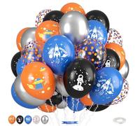 Space Balloons, 12 Inch Blue Black Orange Metallic Silver Confetti Balloons for Kids Boy Space Themed Birthday UFO Party Decorations Baby Shower Graduation Supplies