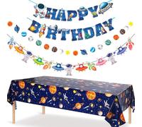Space Birthday Decoration, Tablecloth for Space Parties, Space Decoration for Boys, Happy Birthday Party Banner with Planets, Astronauts, Rockets, Spaceships for Space Themes, Children's Birthday