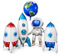 Space Birthday Decorations, 5-Piece Jumbo Astronaut and Rocket Balloon Set, Self-Standing Foil Balloons, Outer Space Party Supplies for Kids, Air Fill, Earth Globe Included