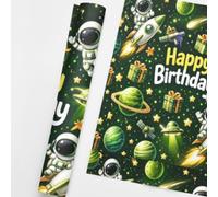Space Birthday Wrapping Paper Sheet- Astronaut, Rocket & Planet Gift Wrap, Happy Birthday Kids Party Wrapping Paper 60x65cm (Green Space, 5 Meters)