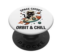 Space Cadet Orbit & Chill Cute Astronaut Cat Riding Rocket PopSockets Adhesive PopGrip