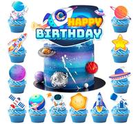 Space Cake Toppers, 24 Pcs Space Theme Cupcake Toppers Outer Space Cupcake Toppers +1 Pcs Space Rocket Cake Decorations Space Cake Decorations for Space Themed Party Decorations