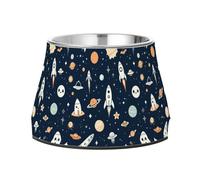 Space Cartoon Rockets Stars Comets Raised Pets Water Bowl Non Skid Stainless Steel Raised Cat Bowl for Small Dogs Comfort Feeding