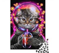 Space Cat 1000 Piece Jigsaw Puzzle for Adults Paper Material Colorful Bubble Sci Fi Scene Puzzle Game for Family Home Decor Stress Relief 52x38cm/1000pcs