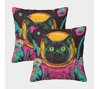 Space Cat Astronaut-vintage Psychedelic Art Pillow Covers 2 Pack Cozy Pillowcase Available All Seasons Cushion Covers Polyester Decor for Sofa Living Room Bed Home 40x40cm